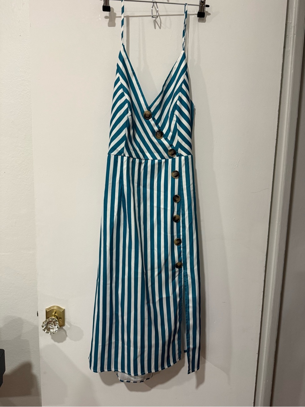Striped Teal and White Midi Sundress with Button-Front
